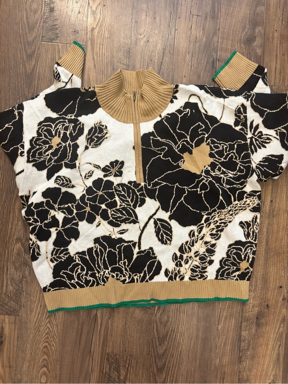 Anthropologie Maeve Montana Black & White Floral Zip-Neck Sweater